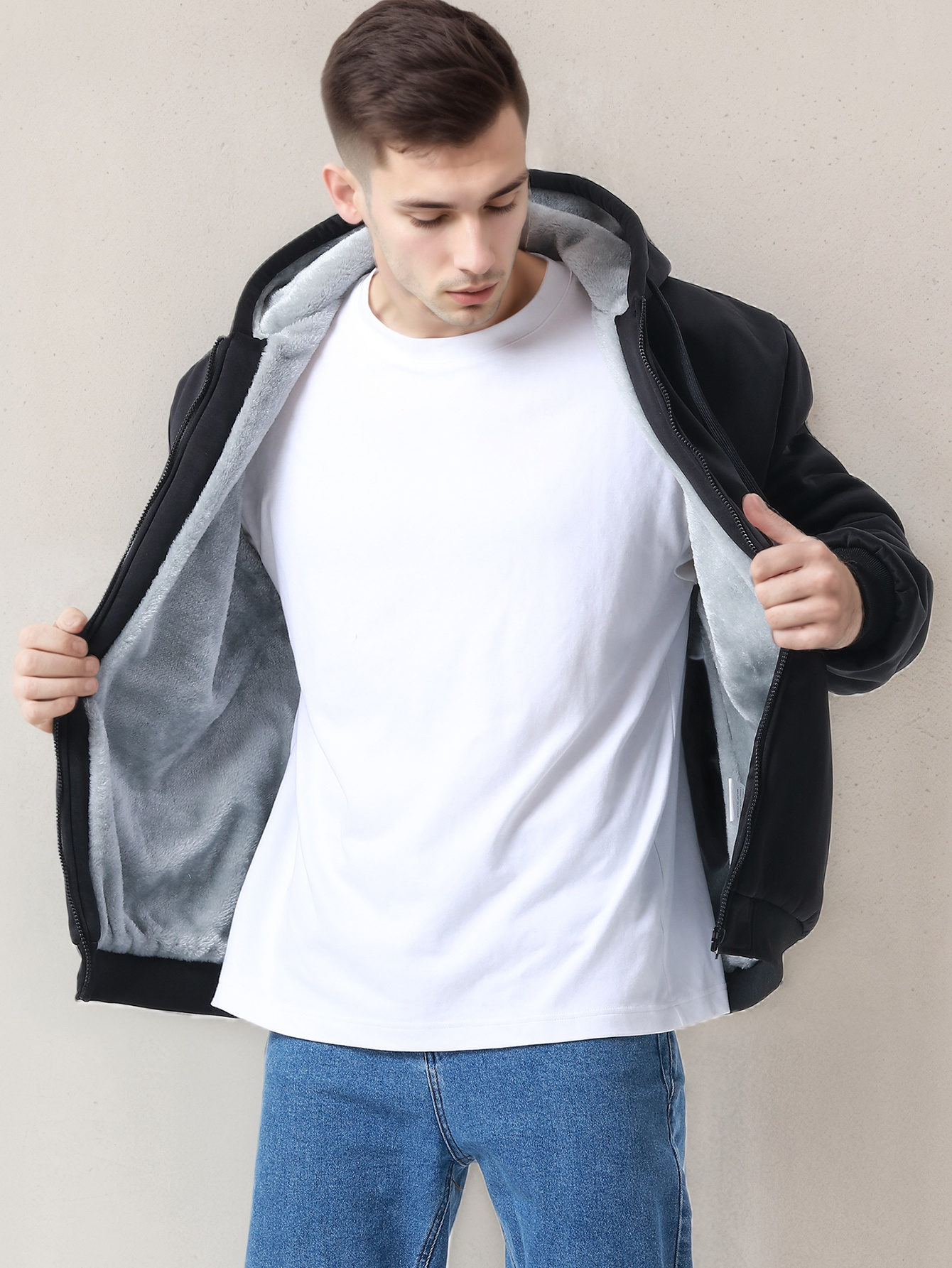 winter mens fleece hoodies full zip up coat hooed sweatshirt warm coats kangaroo pockets details 4