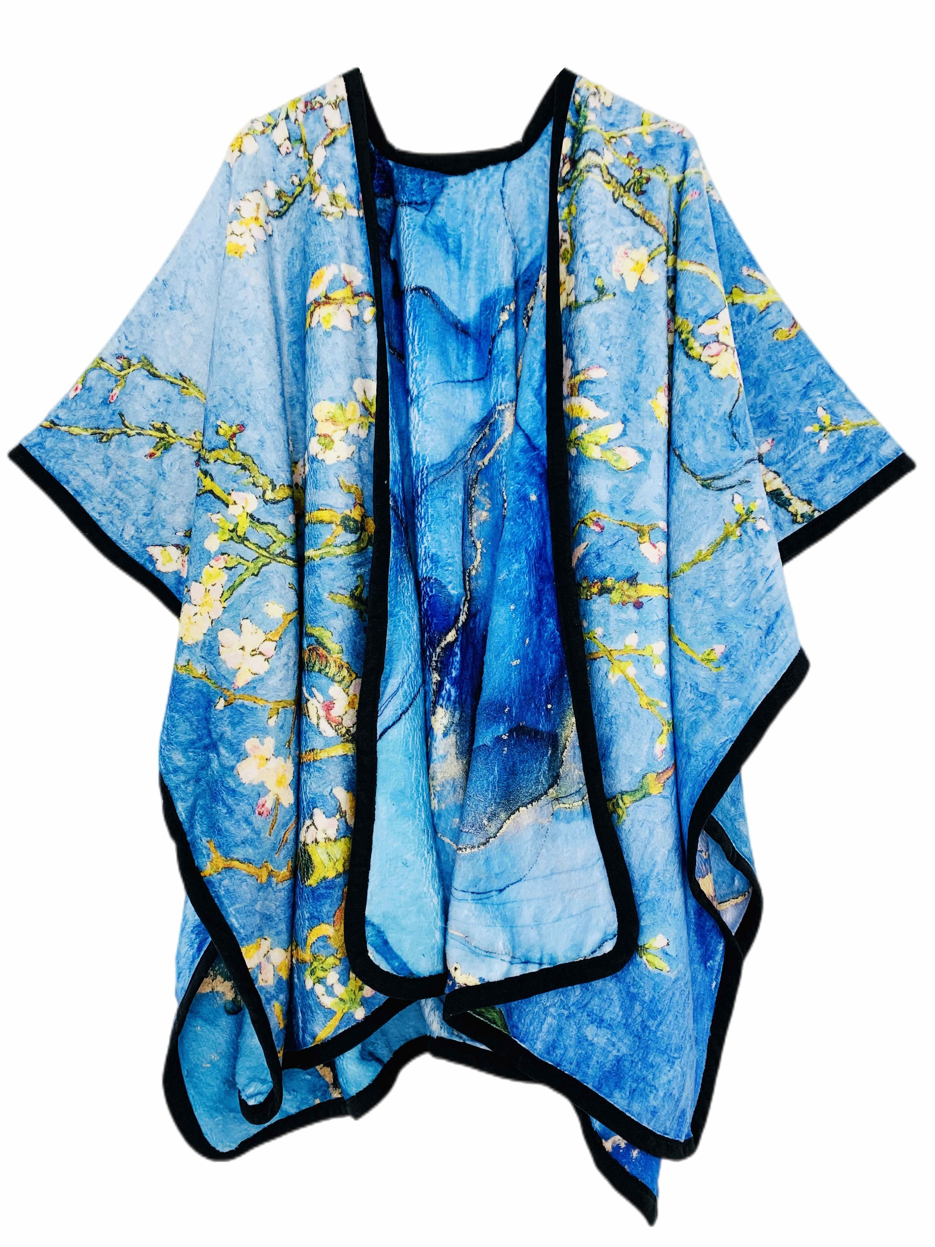 blue multi van gogh cherry marble cozy reversible fleece double sided wearable throw sided with two prints open front poncho reversible luxury super soft fur cape shawl blanket throw details 0