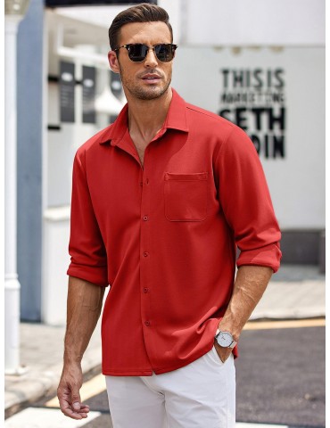 Men'S Plus Size Casual Button-Down Shirts, Long Sleeve, Wrinkle-Free, Polyester, Non-Stretch, Solid Color, Regular Fit, with Woven Fabric for Spring/Fall